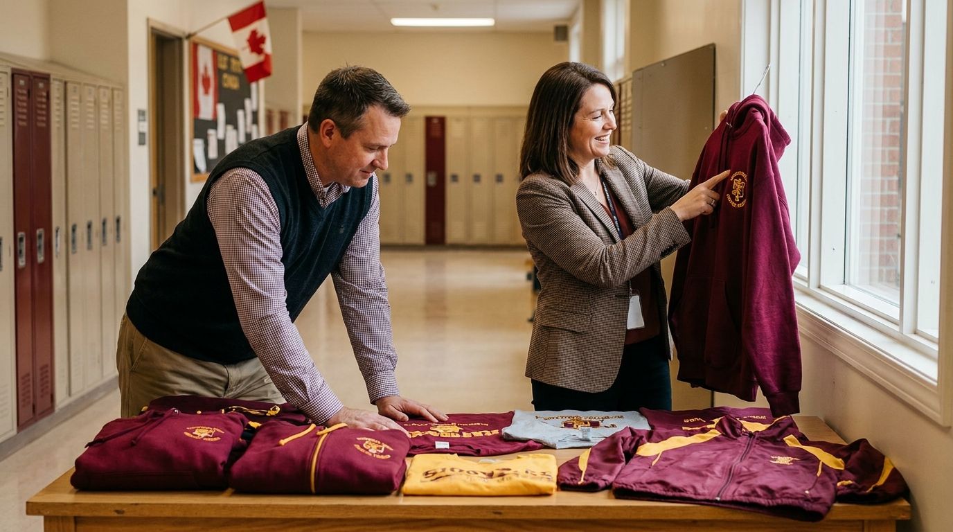 School administrators reviewing spirit wear samples including embroidered hoodies and screen printed t-shirts in school colours