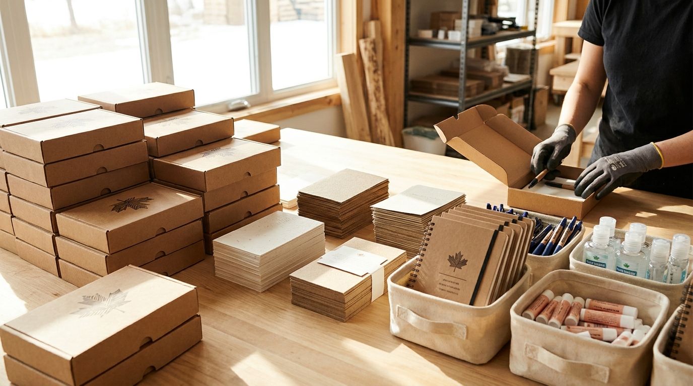 A clean workspace with branded kit components being assembled, including custom packaging, printed inserts, and promotional products arranged for kitting