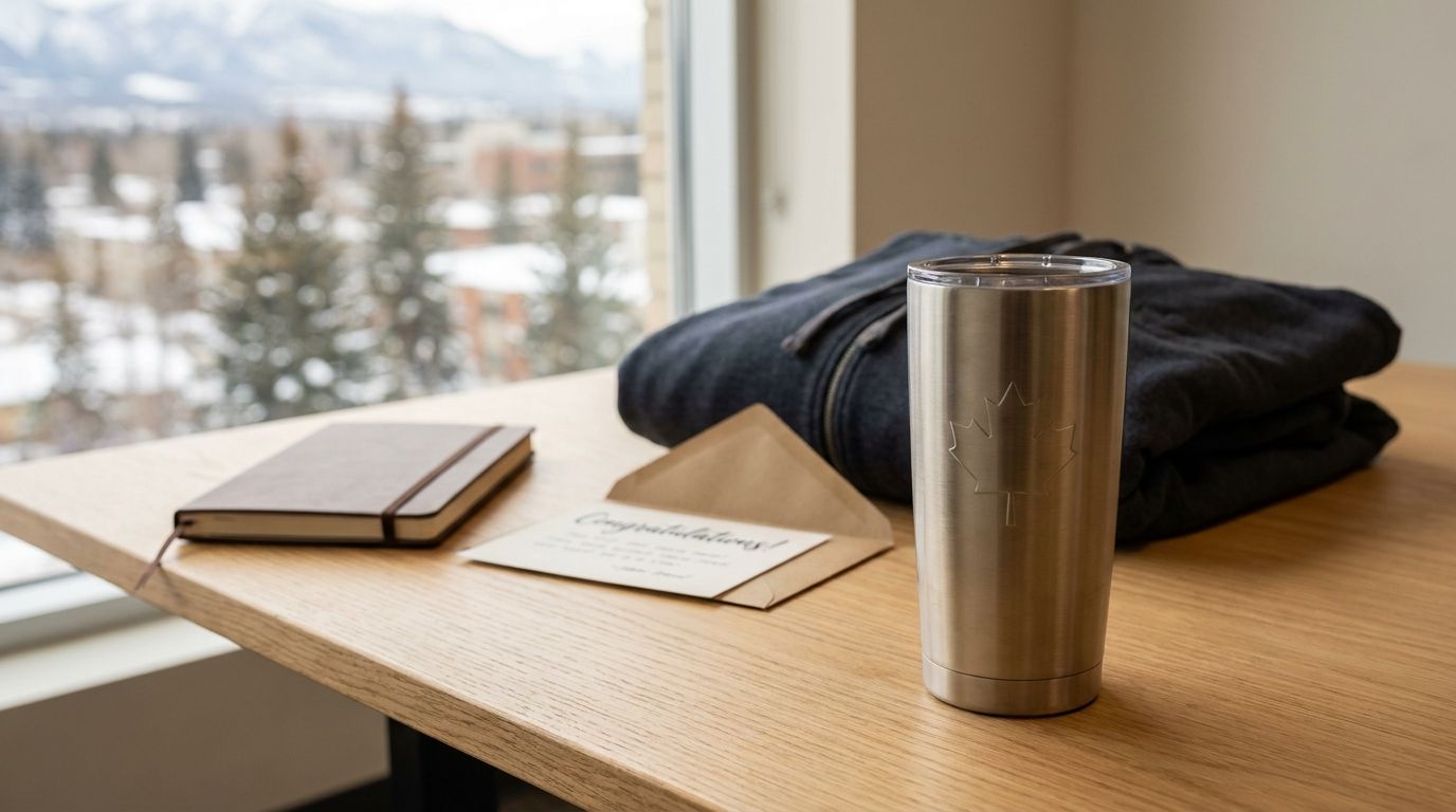 Curated employee recognition gift set with branded hoodie, insulated tumbler, notebook, and welcome card arranged on a desk