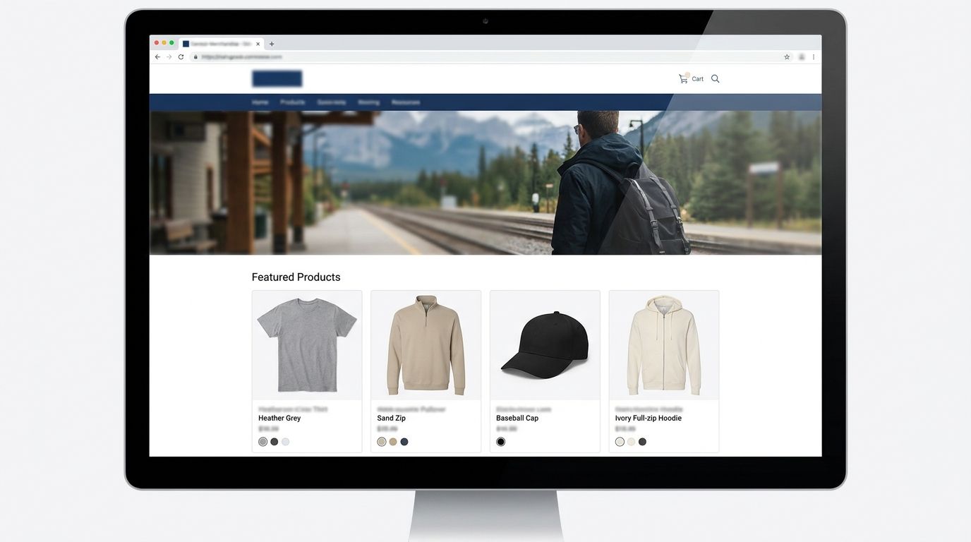 The branded merchandise store we operate, showing featured products including apparel and accessories