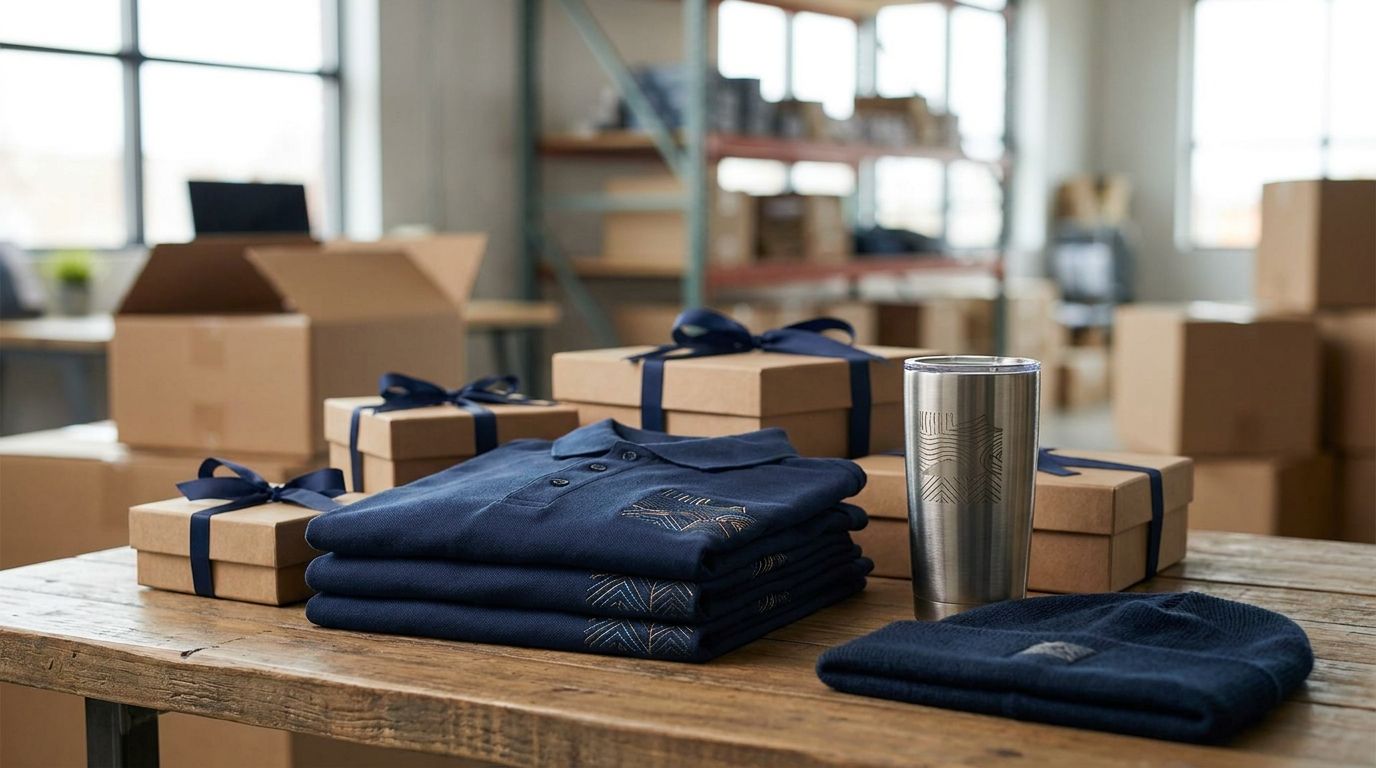 Managed employee store merchandise: embroidered navy polos, gift boxes, and branded drinkware ready for fulfillment