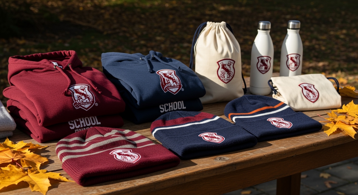 Fall-themed school merchandise display with embroidered hoodies, toques, water bottles, and drawstring bags on a rustic table