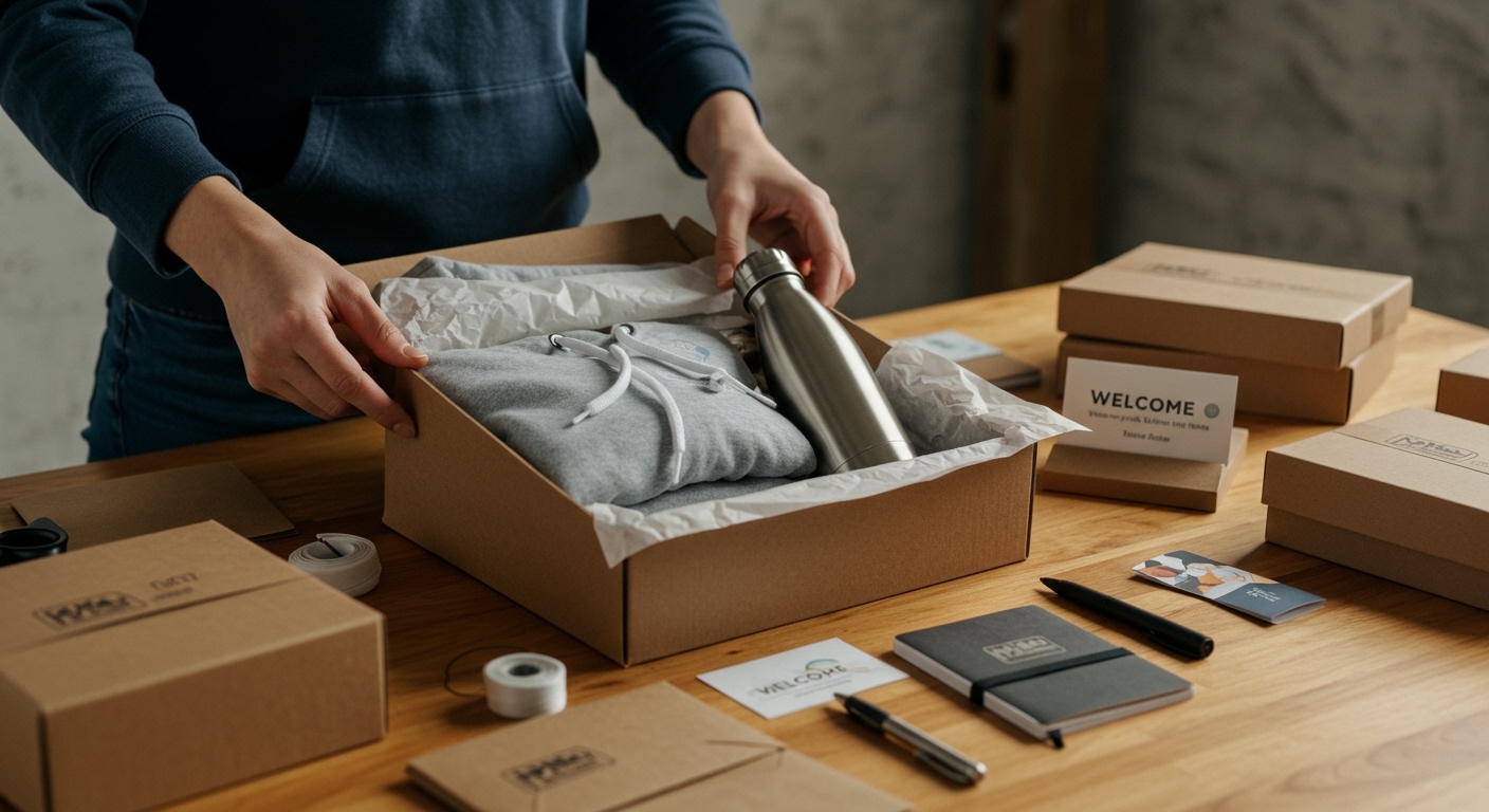 Hands assembling a branded onboarding kit with hoodie, notebook, pen, water bottle, and welcome card in a gift box