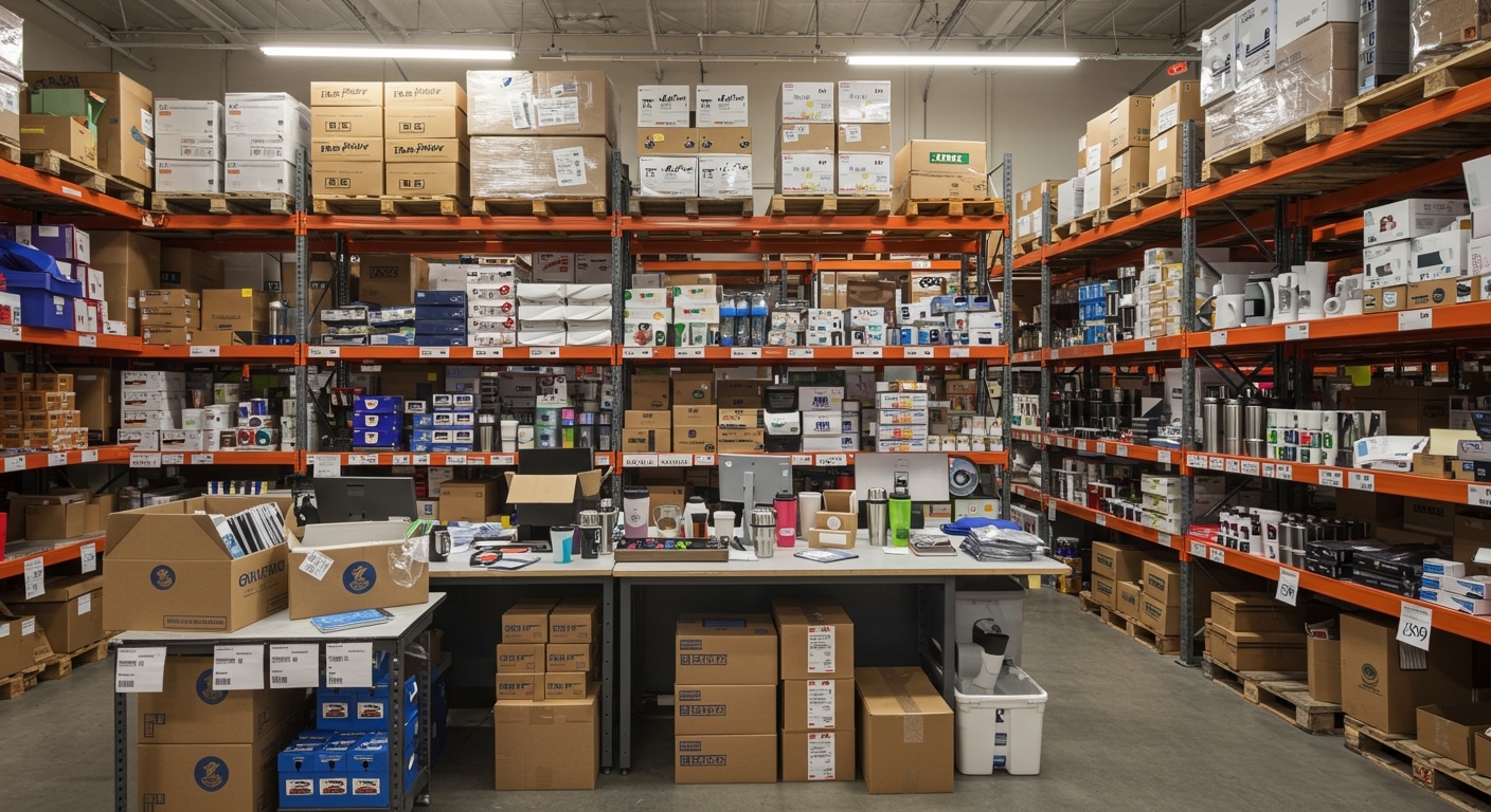 Wide view of a clean merchandise warehouse with branded products on industrial shelving and a packing station