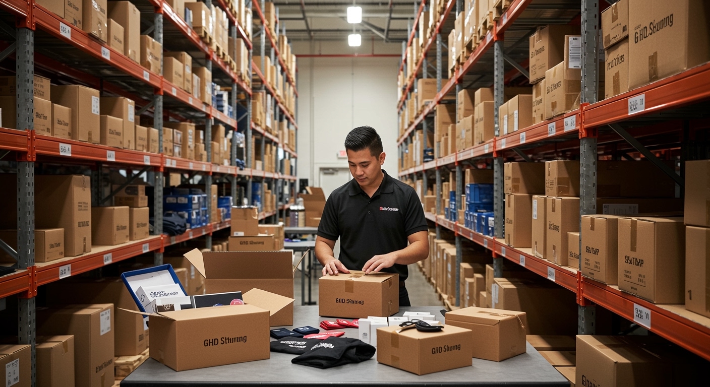 Clean warehouse fulfillment area with branded merchandise on shelving and a worker packing gift boxes