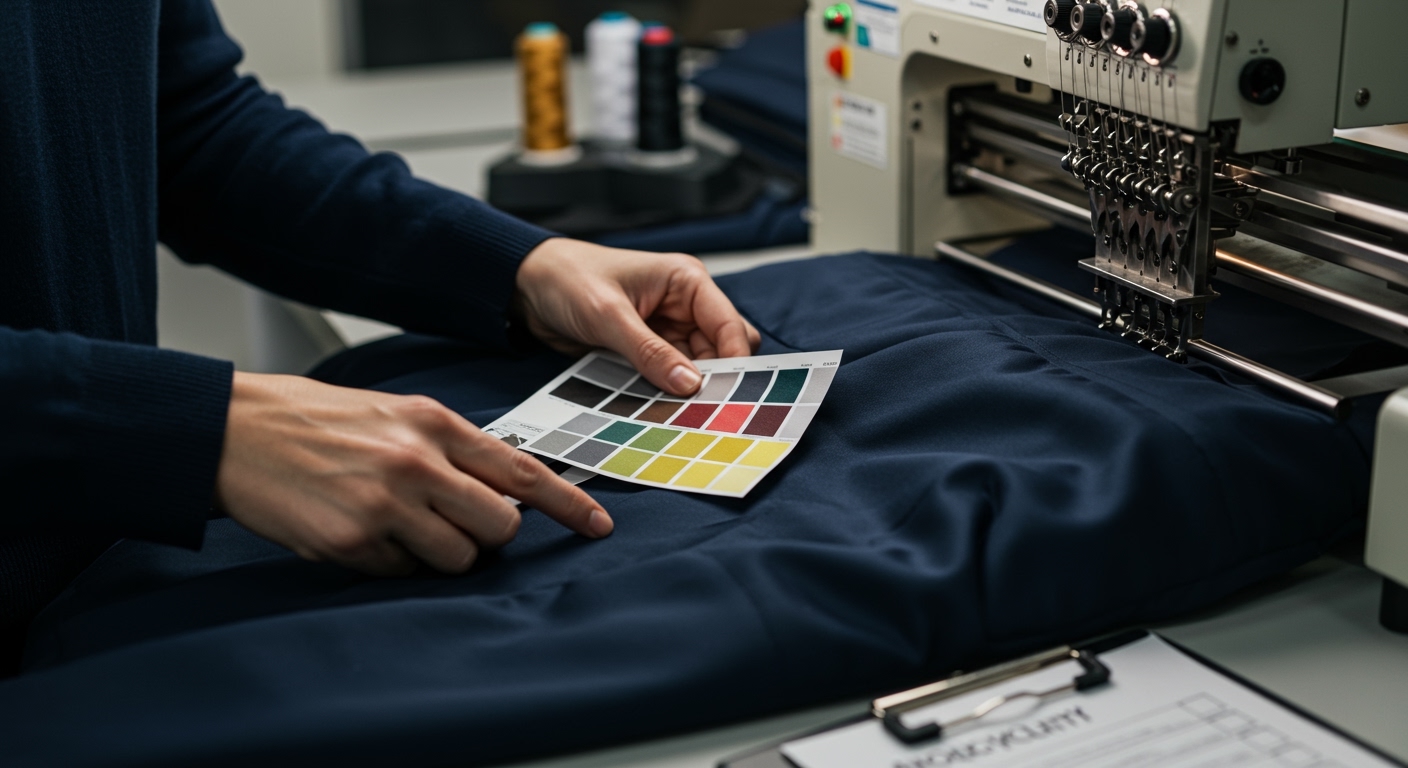 Hands inspecting embroidery quality on a corporate jacket against brand color swatches