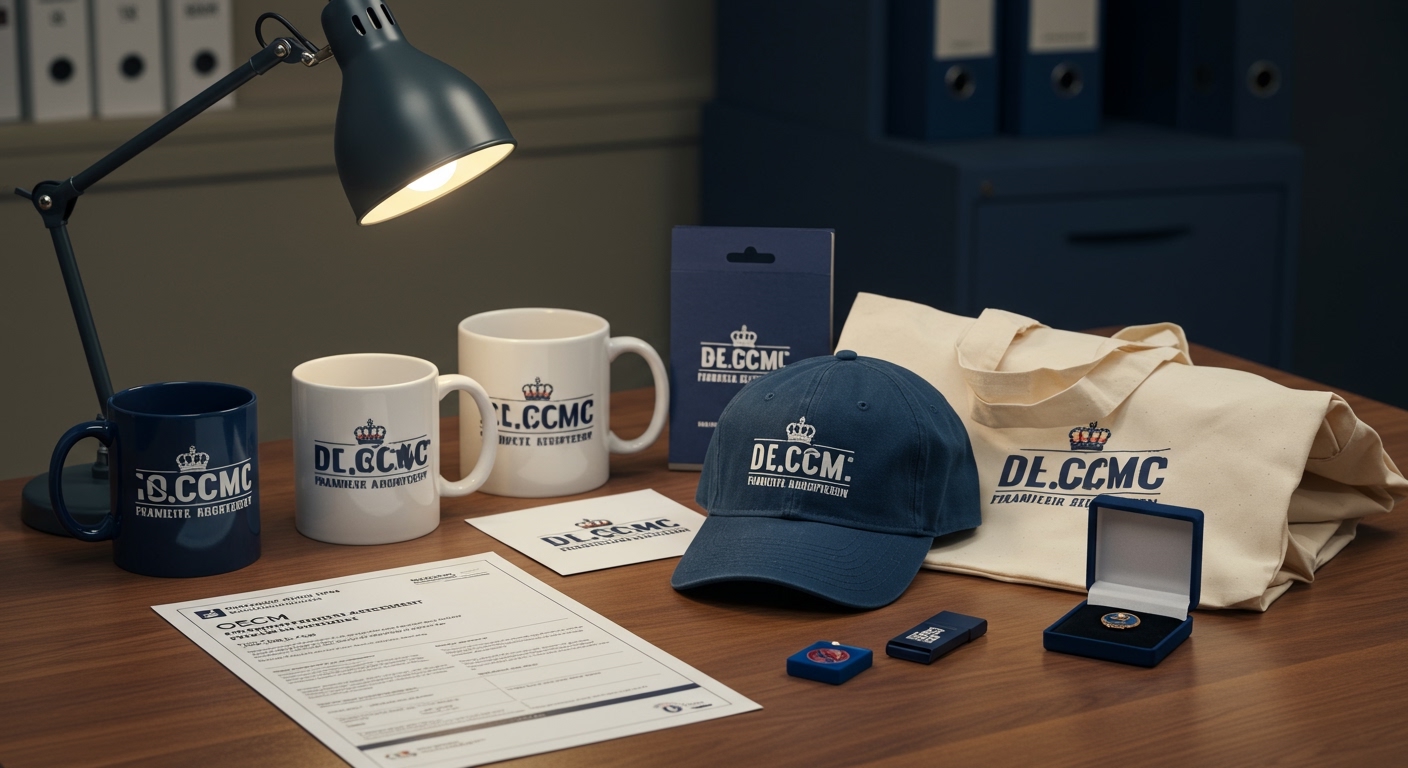 Public sector procurement meeting with branded promotional products and supplier agreement on the table