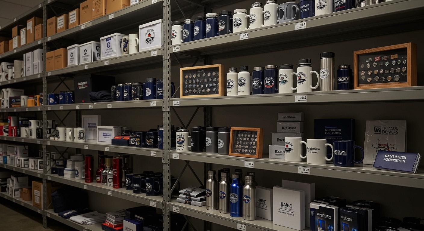 Corporate inventory room with employee recognition products including service pins, branded jackets, custom gift sets, and promotional items on organized shelving