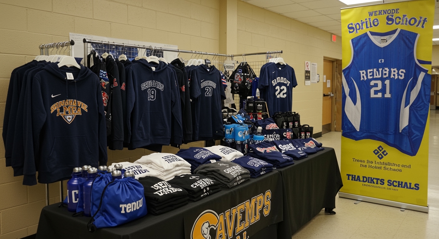 School hallway display of branded spirit wear merchandise including hoodies, jerseys, and accessories