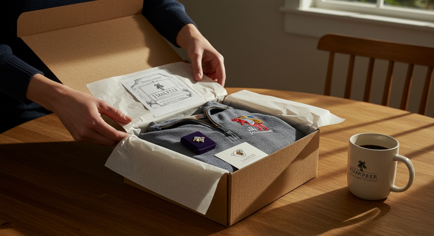 Employee opening a recognition gift box at home with branded jacket and service pin inside