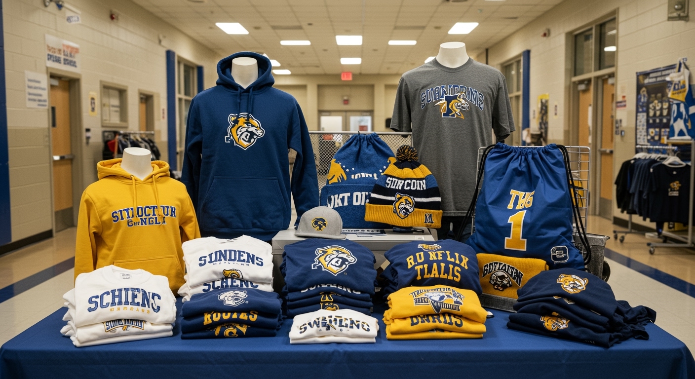 School spirit wear display with branded hoodies, t-shirts, toques, and accessories in school colors