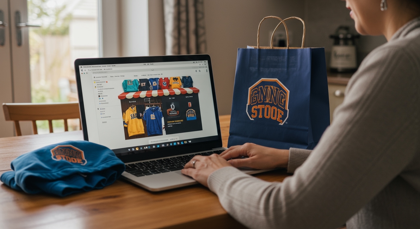 Parent browsing a school spirit wear online store on a laptop at home